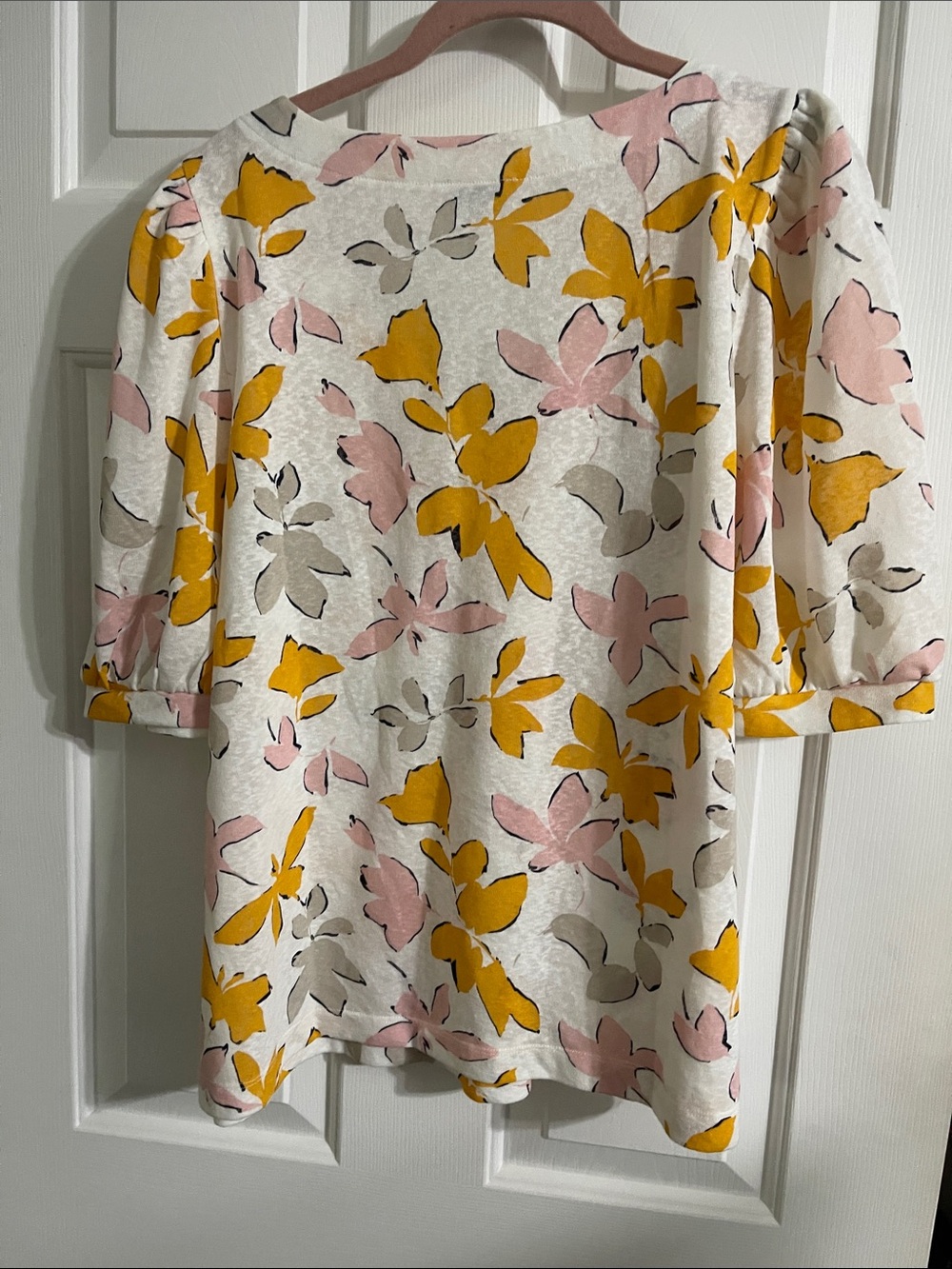 LOFT Cream Floral V-Neck Puff Sleeve Top - Pink, Yellow, Beige - Picture 4 of 4